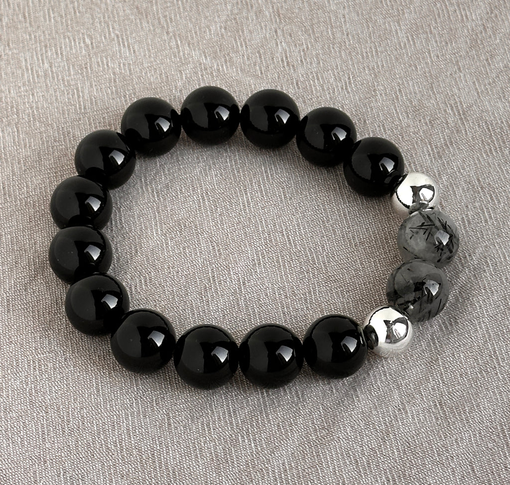 BS319 Silver Obsidian 18K Gold Plated Bracelet