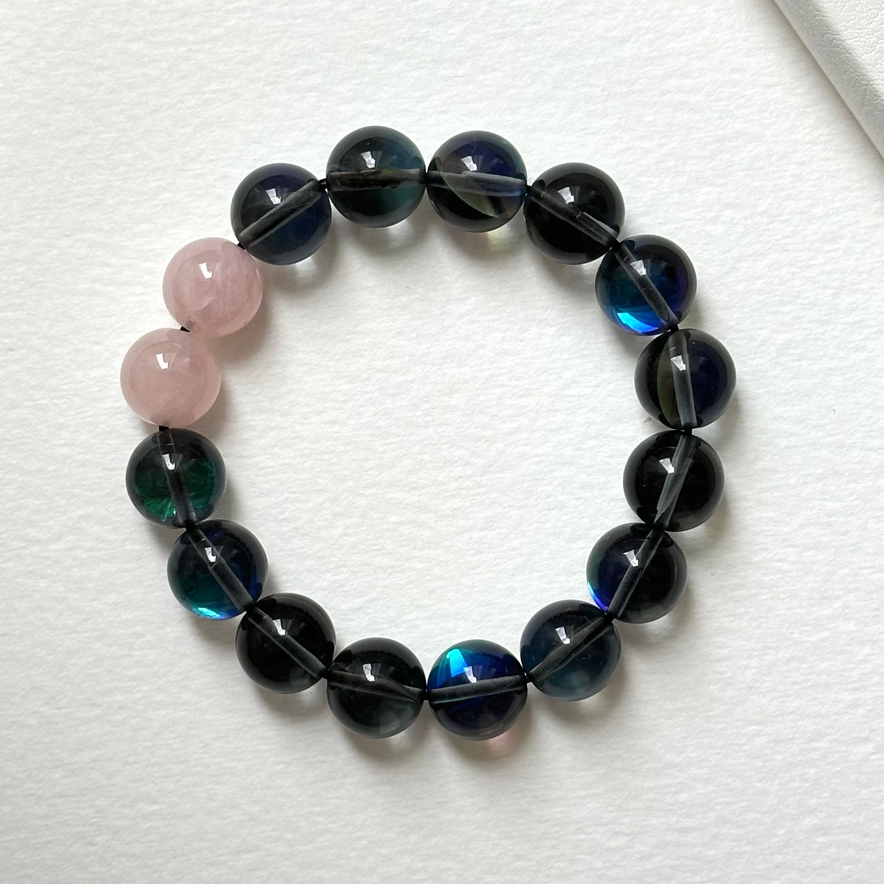 BS264 [Dark Blue Moon Glass] Dark Moon Glass Rose Quartz Bracelet