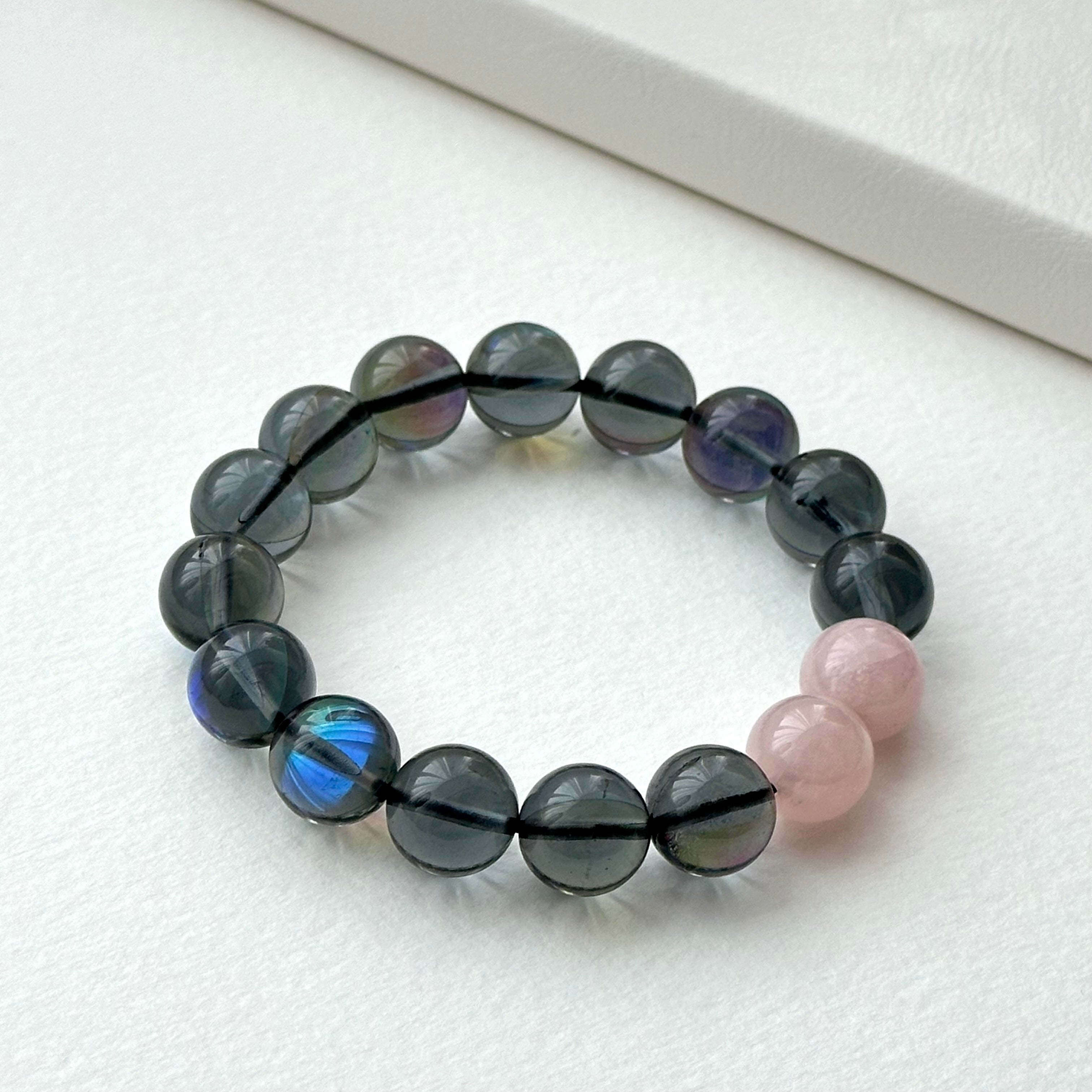 BS264 [Dark Blue Moon Glass] Dark Moon Glass Rose Quartz Bracelet
