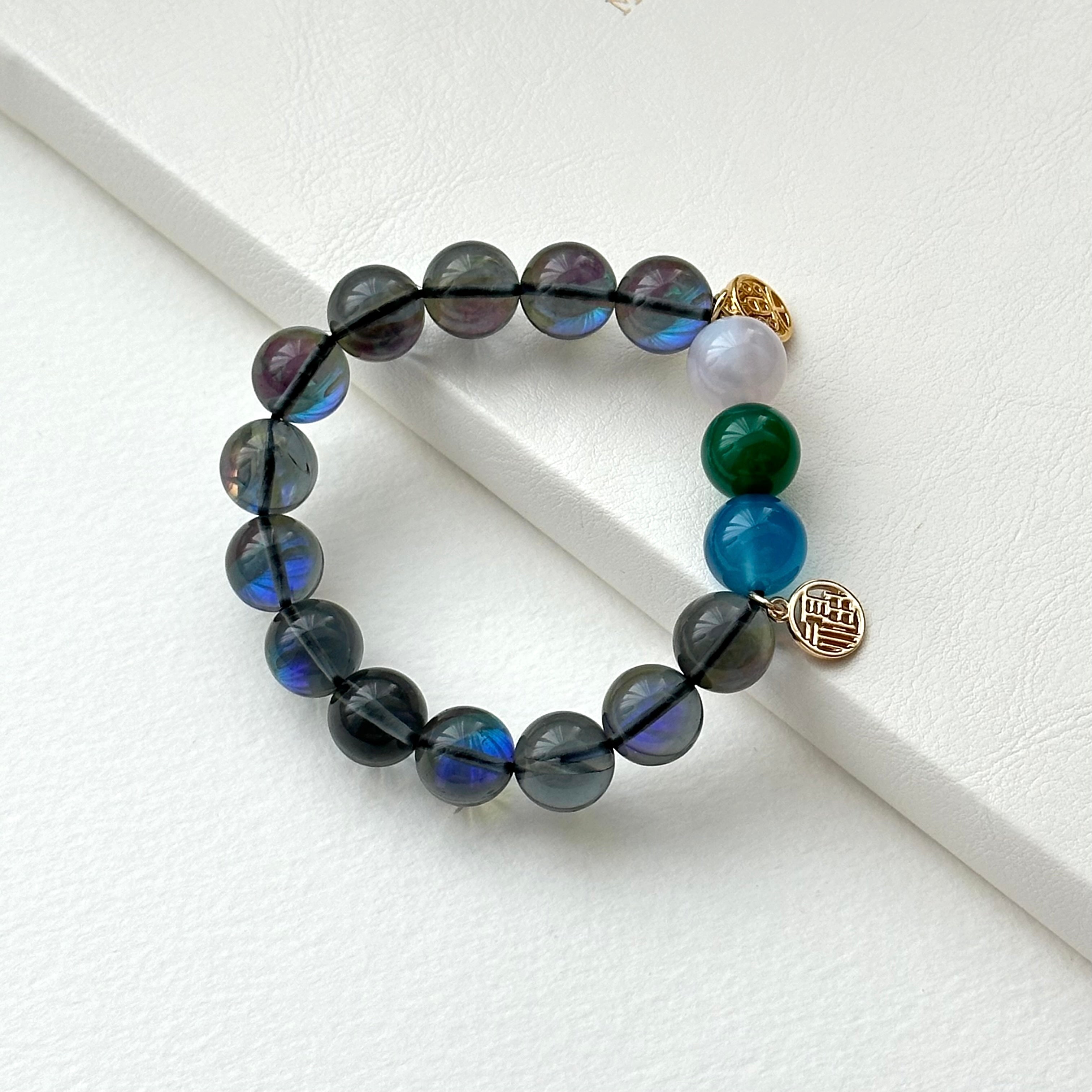 BS265 [Dark Blue Moon Glass] Dark Moon Glass White Blue Green Agate Bracelet