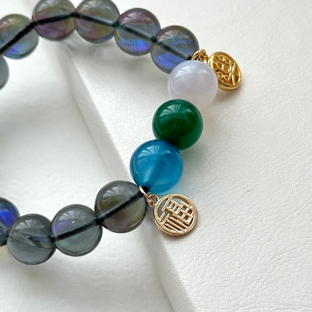 BS265 [Dark Blue Moon Glass] Dark Moon Glass White Blue Green Agate Bracelet
