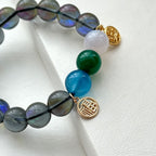 BS265 [Dark Blue Moon Glass] Dark Moon Glass White Blue Green Agate Bracelet