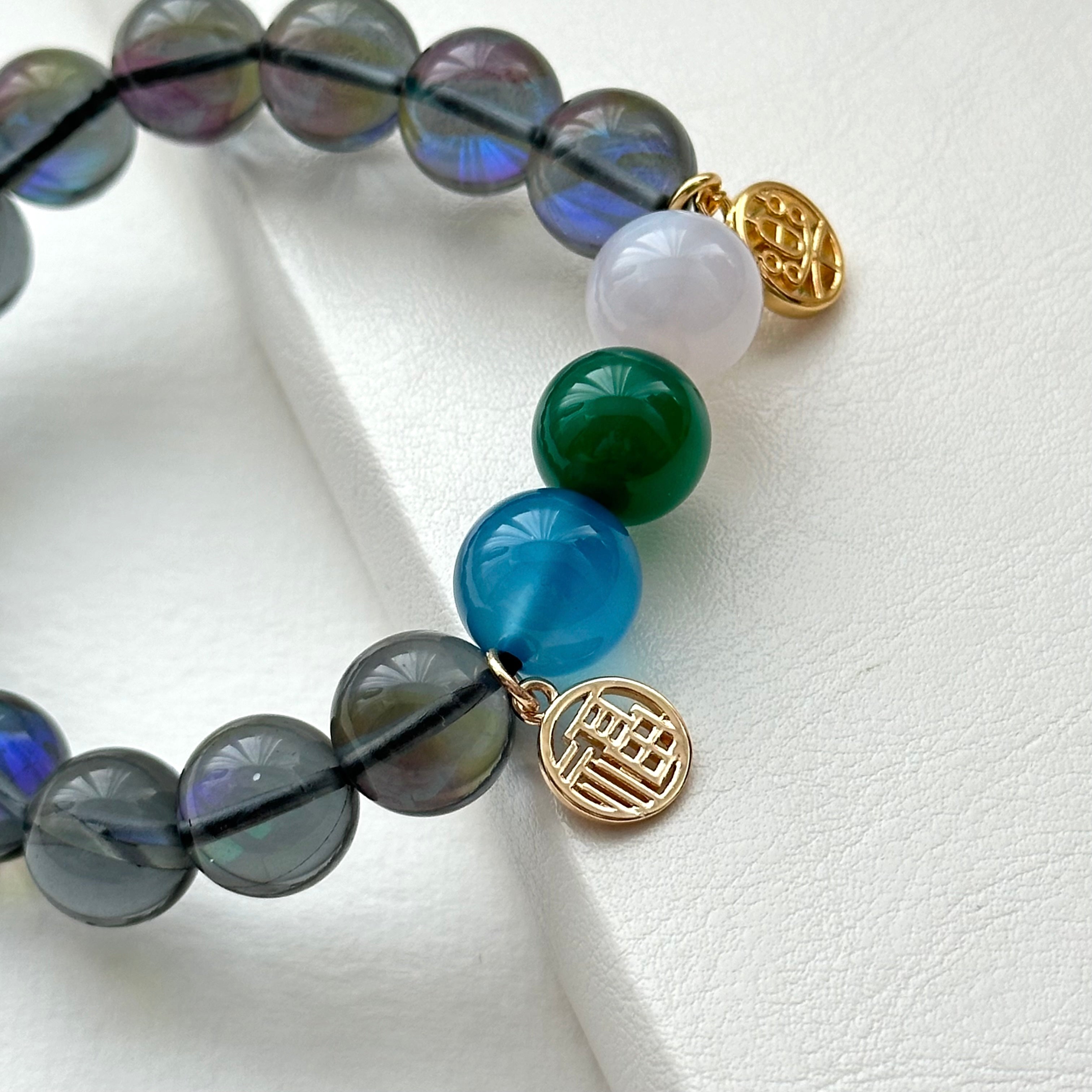 BS265 [Dark Blue Moon Glass] Dark Moon Glass White Blue Green Agate Bracelet