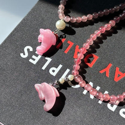 N3 草莓晶 粉貓眼 淡水珍珠 海豚 頸鏈項鏈 Strawberry Quartz with Cat's-Eye Dolphin Necklace