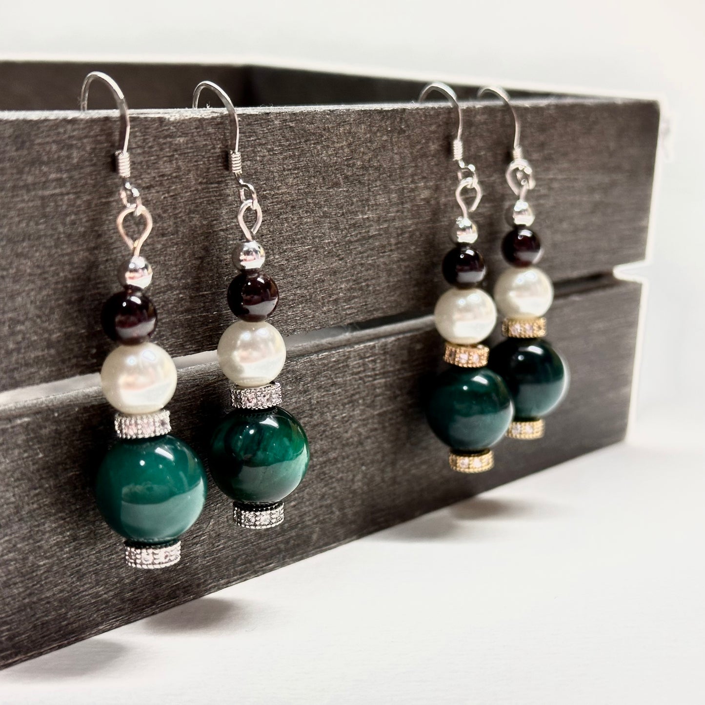 E01 綠虎眼 石榴石 淡水珍珠 合金 古典 環形 耳環 Green Tiger Eye Garnet Pearl Classic Silver Accessories Earring