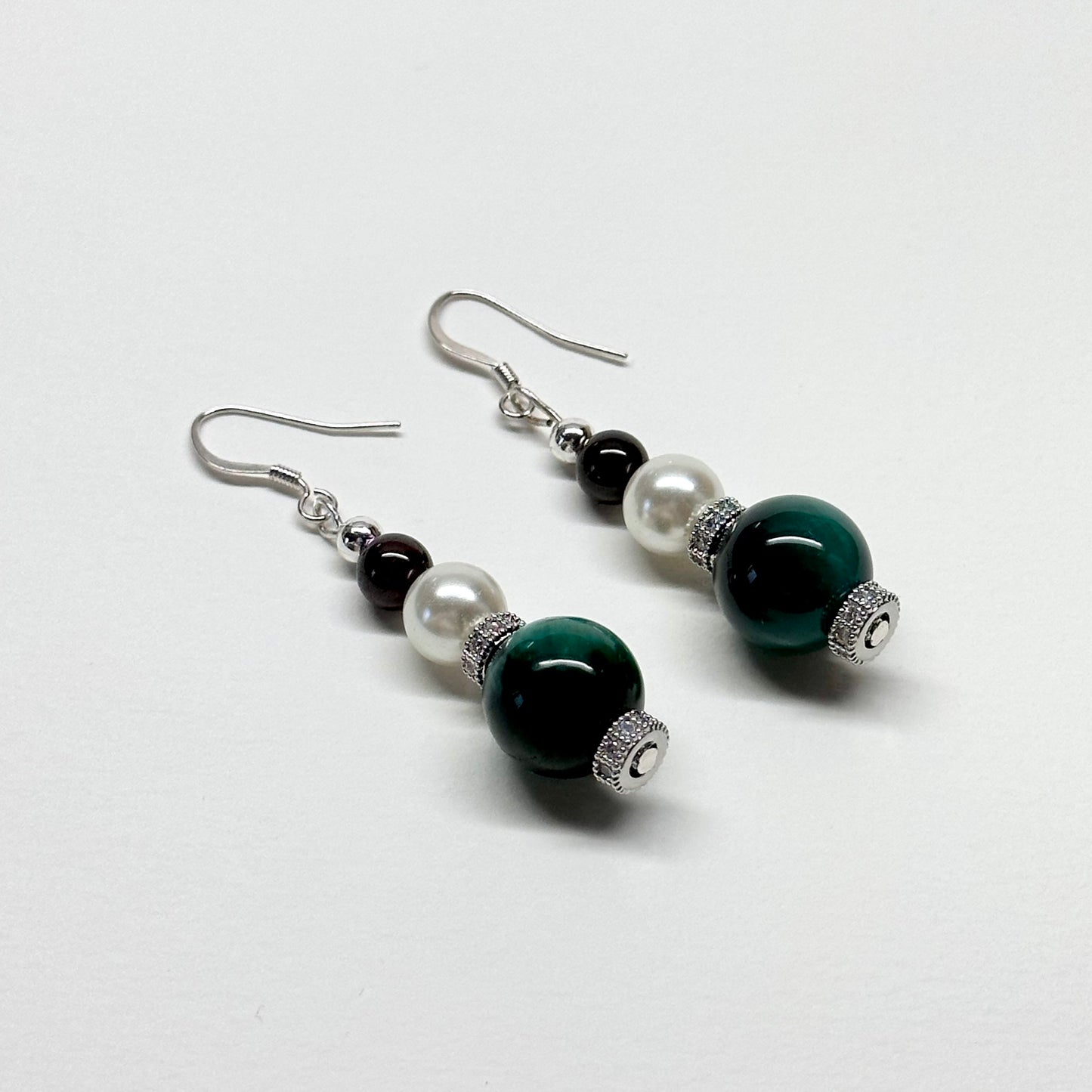 E01 綠虎眼 石榴石 淡水珍珠 合金 古典 環形 耳環 Green Tiger Eye Garnet Pearl Classic Silver Accessories Earring