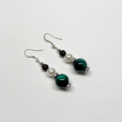 E01 綠虎眼 石榴石 淡水珍珠 合金 古典 環形 耳環 Green Tiger Eye Garnet Pearl Classic Silver Accessories Earring