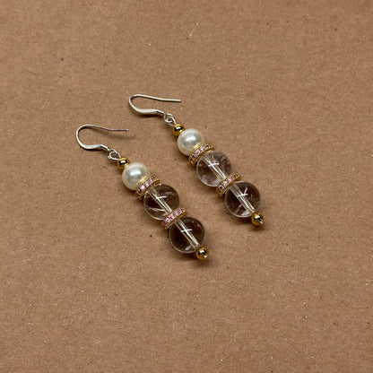 E09 白水晶 淡水珍珠 18K鍍金 古典粉 耳環 White Quartz Pearl Classic Golden Accessories Earring