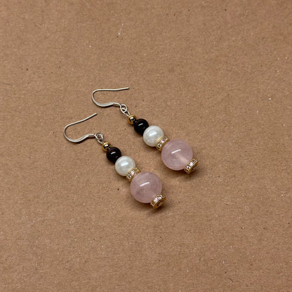 E10 粉晶石榴石珍珠古典環形金飾耳環 Rose Quartz Garnet Pearl Classic Golden Accessories Earring