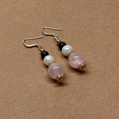 E10 粉晶石榴石珍珠古典環形金飾耳環 Rose Quartz Garnet Pearl Classic Golden Accessories Earring