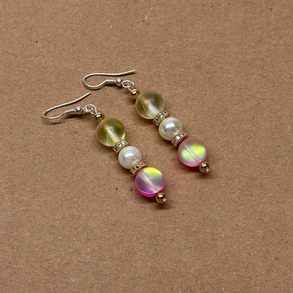 E17 黃粉月光石珍珠古典環形金飾耳環 Yellow Pink Moonstone Pearl Classic Golden Accessories Earring