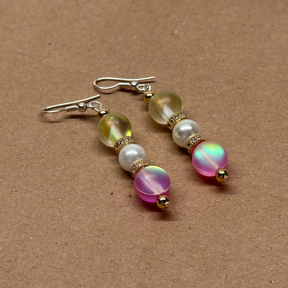 E17 黃粉月光石珍珠古典環形金飾耳環 Yellow Pink Moonstone Pearl Classic Golden Accessories Earring