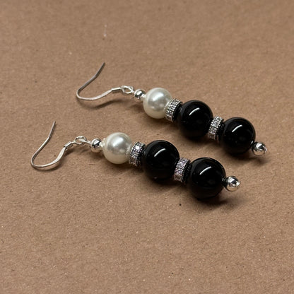 E12 黑瑪瑙珍珠古典環形銀飾耳環 Black Agate Pearl Classic Silver Accessories Earring