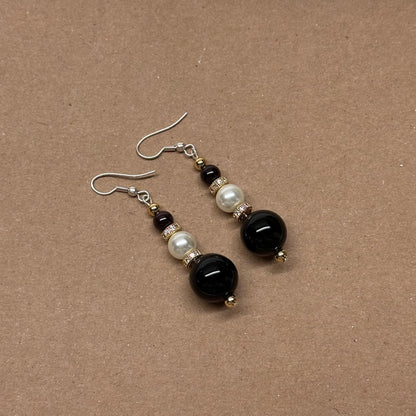 E13 黑瑪瑙珍珠古典環形金飾耳環 Black Agate Pearl Classic Golden Accessories Earring