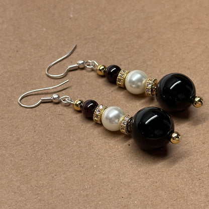 E13 黑瑪瑙珍珠古典環形金飾耳環 Black Agate Pearl Classic Golden Accessories Earring