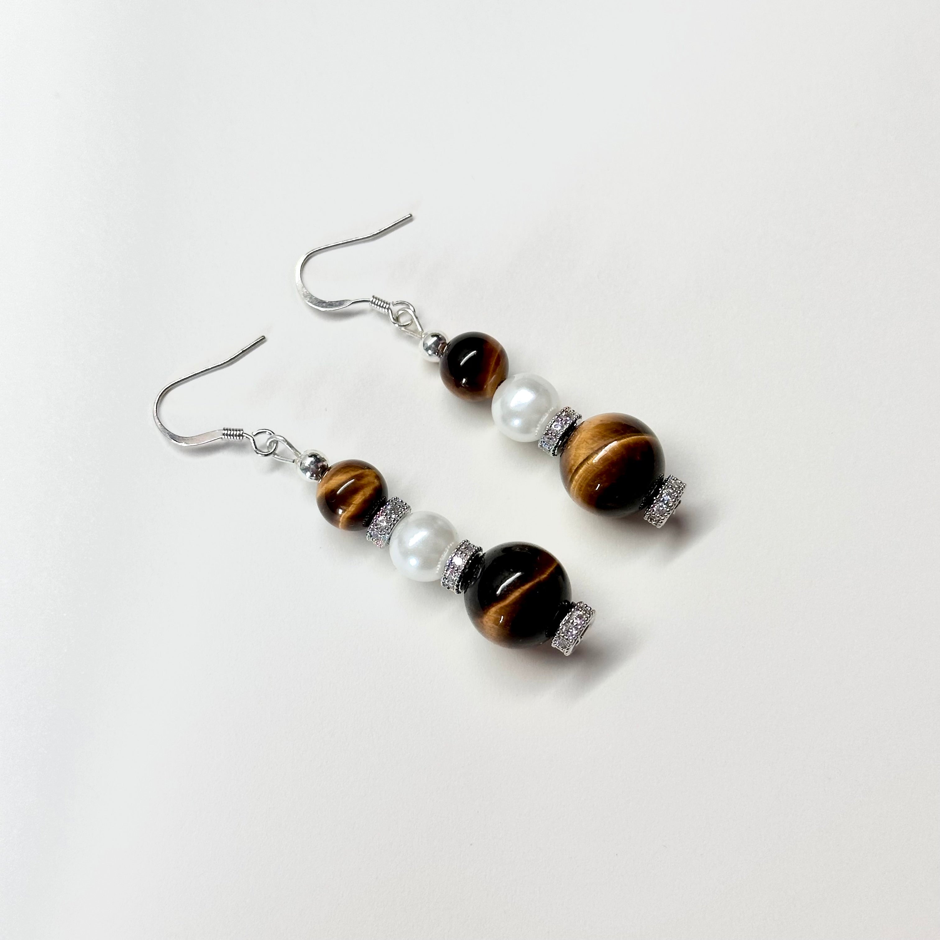 E08 Yellow Tiger Eye | Freshwater Pearl Classic Hoop Silver Earrings
