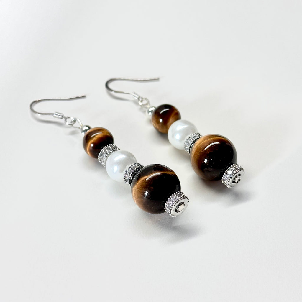 E08 Yellow Tiger Eye | Freshwater Pearl Classic Hoop Silver Earrings