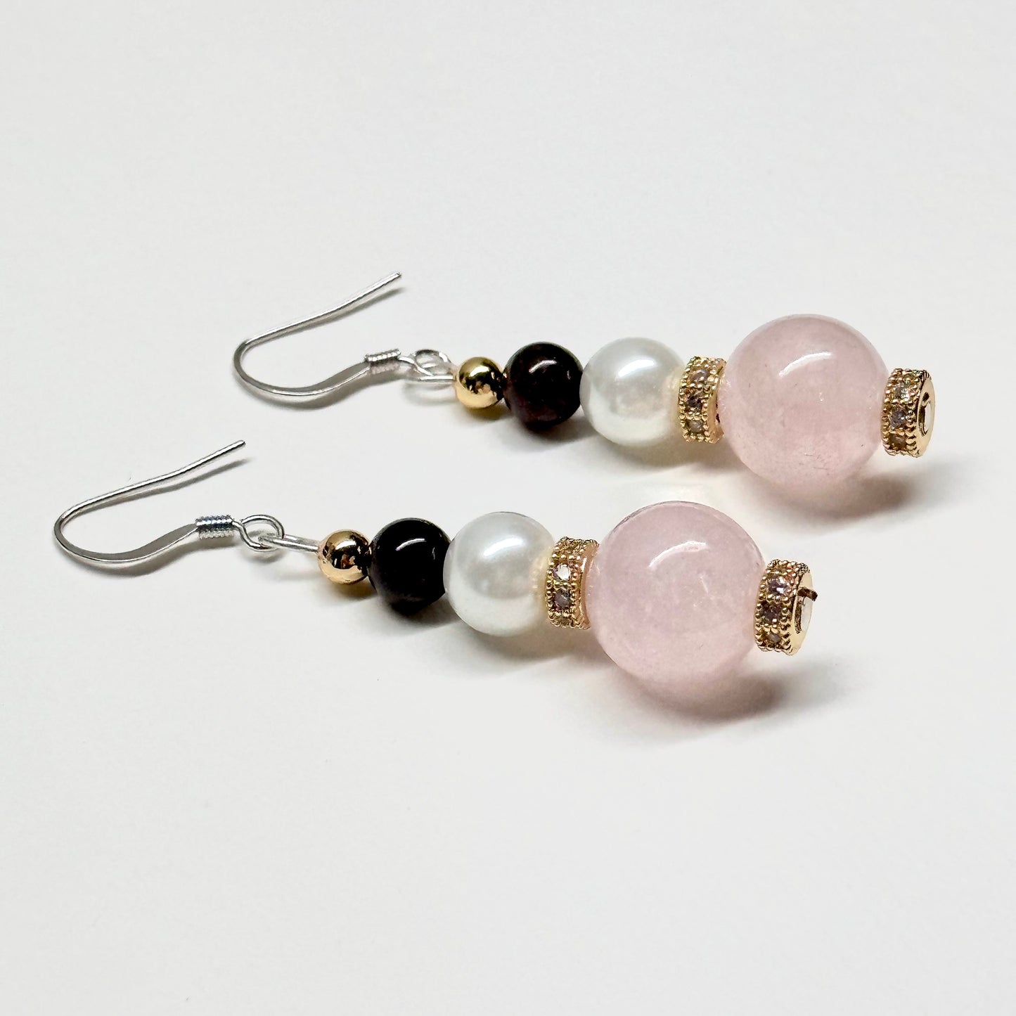 E10 粉晶石榴石珍珠古典環形金飾耳環 Rose Quartz Garnet Pearl Classic Golden Accessories Earring