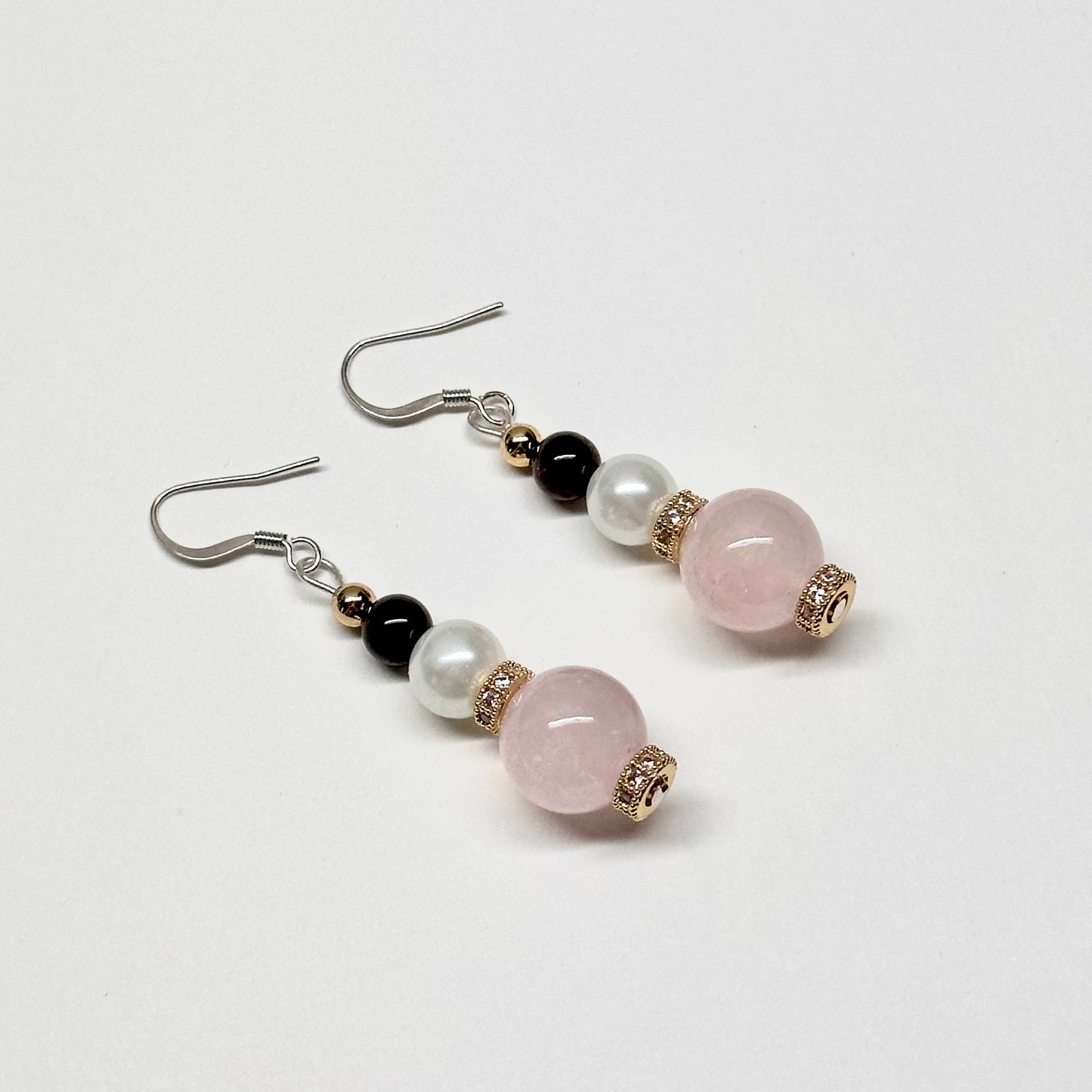 E10 粉晶石榴石珍珠古典環形金飾耳環 Rose Quartz Garnet Pearl Classic Golden Accessories Earring