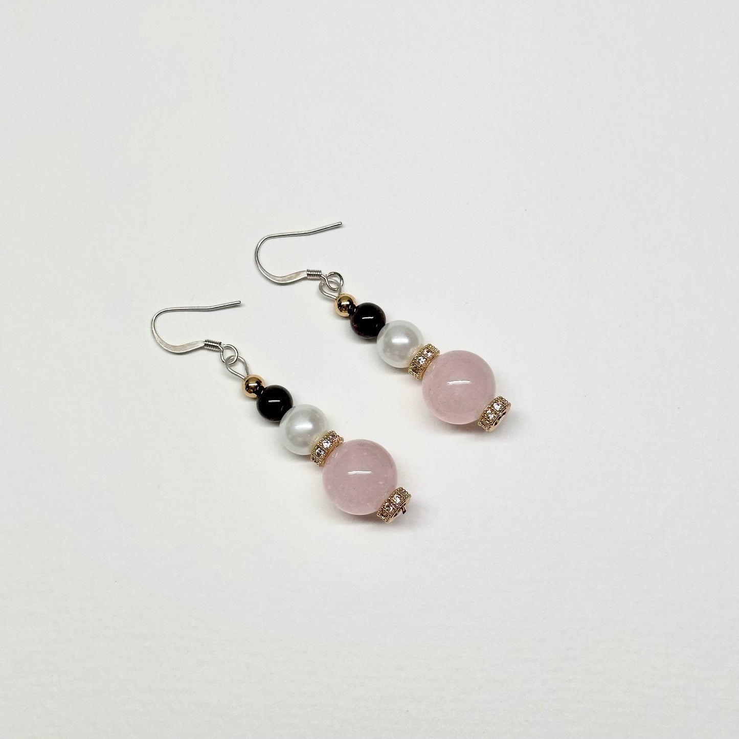 E10 粉晶石榴石珍珠古典環形金飾耳環 Rose Quartz Garnet Pearl Classic Golden Accessories Earring