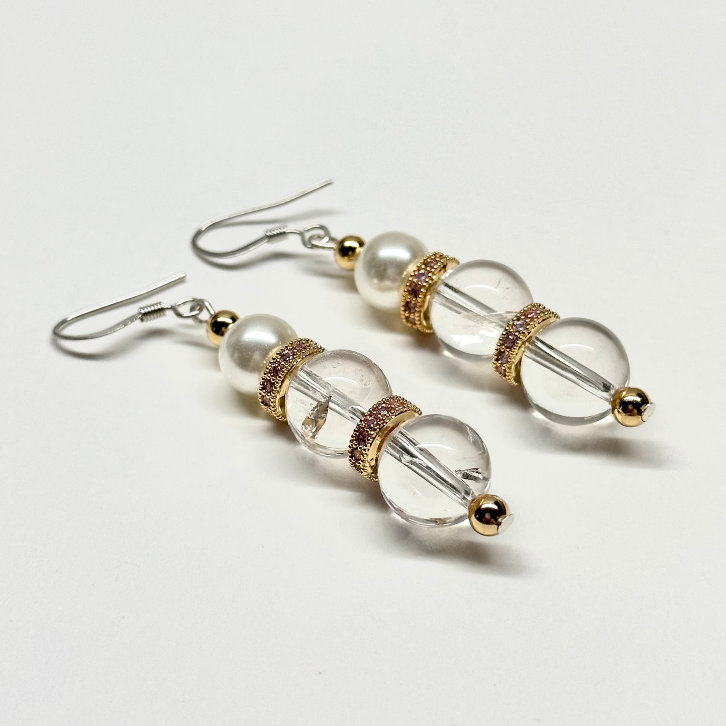 E09 白水晶 淡水珍珠 18K鍍金 古典粉 耳環 White Quartz Pearl Classic Golden Accessories Earring