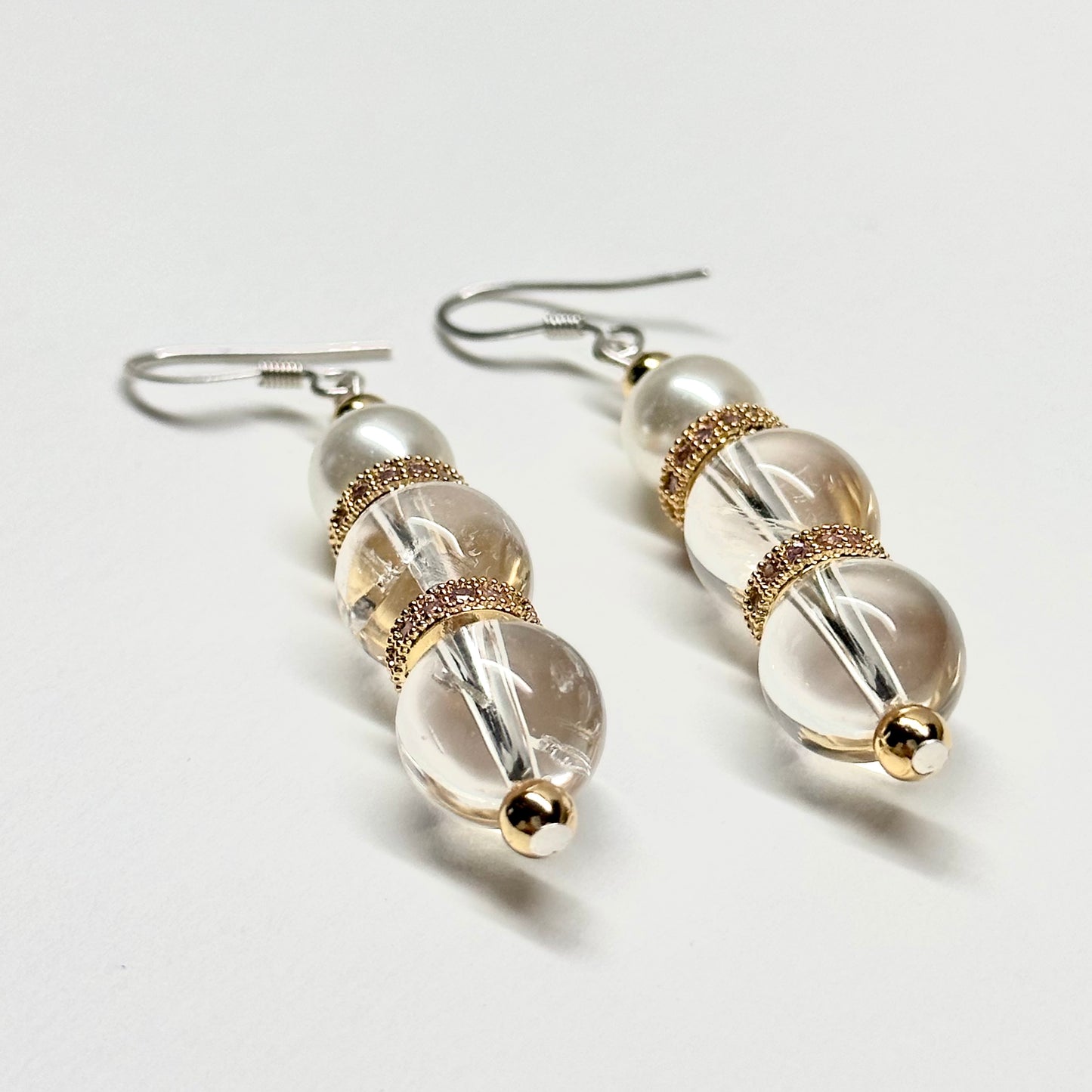 E09 白水晶 淡水珍珠 18K鍍金 古典粉 耳環 White Quartz Pearl Classic Golden Accessories Earring