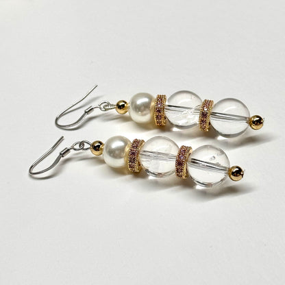 E09 白水晶 淡水珍珠 18K鍍金 古典粉 耳環 White Quartz Pearl Classic Golden Accessories Earring