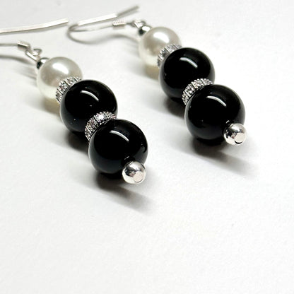 E12 黑瑪瑙珍珠古典環形銀飾耳環 Black Agate Pearl Classic Silver Accessories Earring