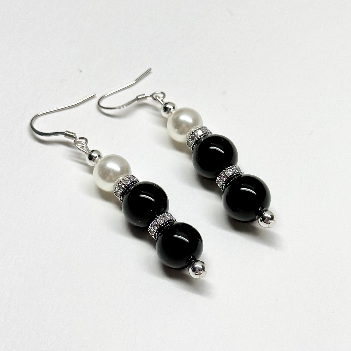 E12 黑瑪瑙珍珠古典環形銀飾耳環 Black Agate Pearl Classic Silver Accessories Earring