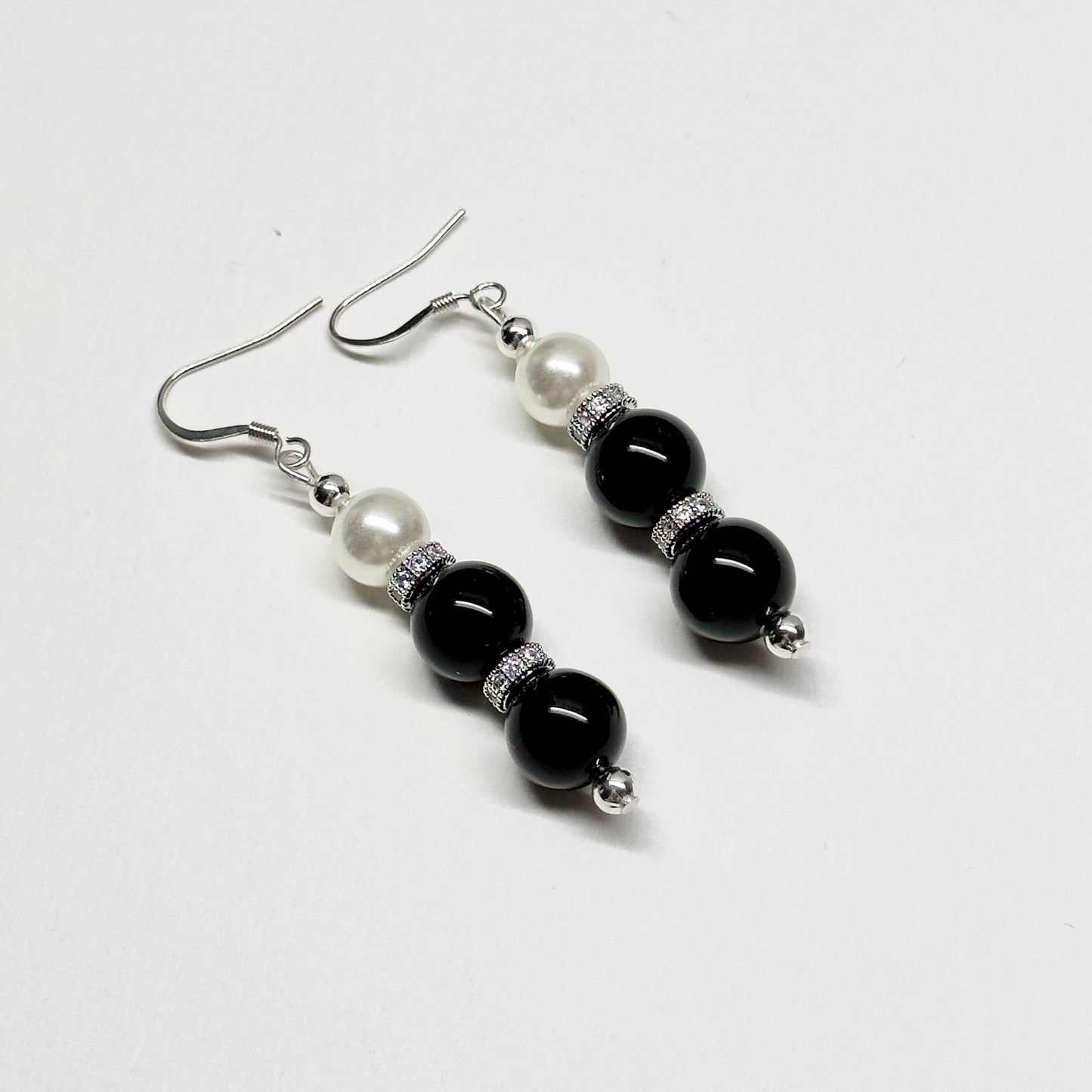 E12 黑瑪瑙珍珠古典環形銀飾耳環 Black Agate Pearl Classic Silver Accessories Earring