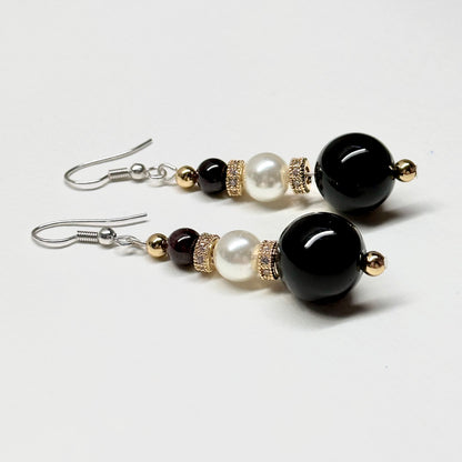 E13 黑瑪瑙珍珠古典環形金飾耳環 Black Agate Pearl Classic Golden Accessories Earring