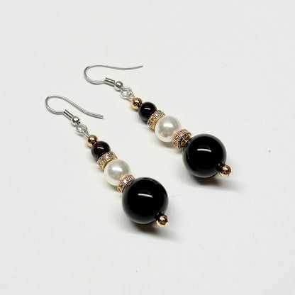 E13 黑瑪瑙珍珠古典環形金飾耳環 Black Agate Pearl Classic Golden Accessories Earring