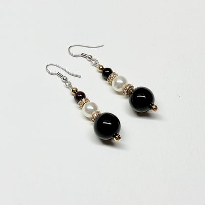 E13 黑瑪瑙珍珠古典環形金飾耳環 Black Agate Pearl Classic Golden Accessories Earring