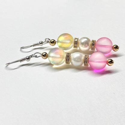 E17 黃粉月光石珍珠古典環形金飾耳環 Yellow Pink Moonstone Pearl Classic Golden Accessories Earring