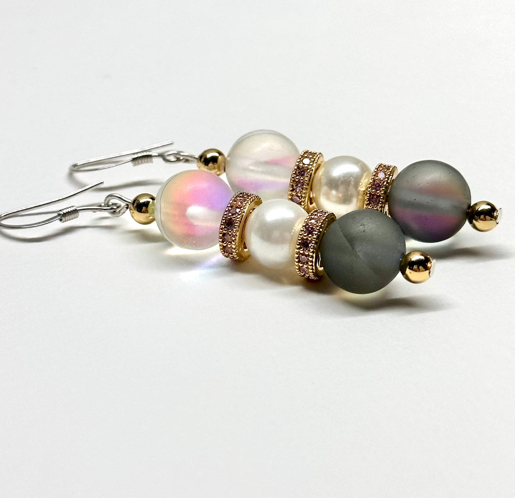 E16 灰白月光石珍珠古典環形金飾耳環 Grey White Pearl Classic Golden Accessories Earring