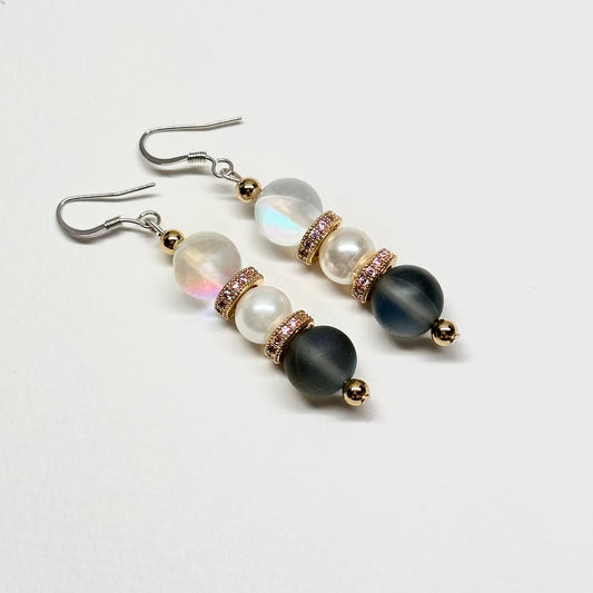 E16 灰白月光石珍珠古典環形金飾耳環 Grey White Pearl Classic Golden Accessories Earring