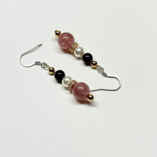 E20 草莓晶黑瑪瑙珍珠古典環形金飾耳環 Strawberry Quartz Black Agate Pearl Classic Golden Accessories Earring