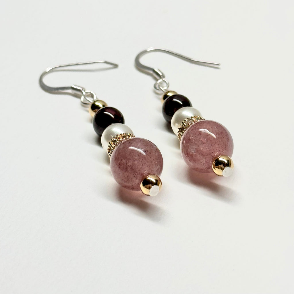 E20 草莓晶黑瑪瑙珍珠古典環形金飾耳環