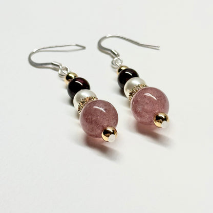 E20 草莓晶黑瑪瑙珍珠古典環形金飾耳環 Strawberry Quartz Black Agate Pearl Classic Golden Accessories Earring