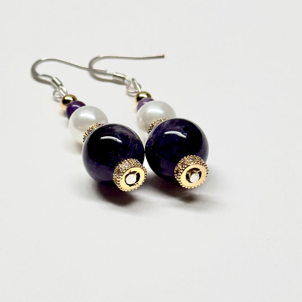 E21 紫晶珍珠古典環形金飾耳環 Amethyst Pearl Classic Golden Accessories Earring