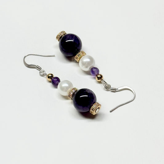 E21 紫晶珍珠古典環形金飾耳環 Amethyst Pearl Classic Golden Accessories Earring