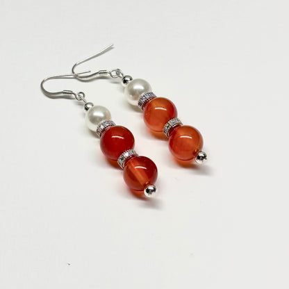 E22 紅瑪瑙珍珠古典環形銀飾耳環 Red Agate Pearl Classic Silver Accessories Earring