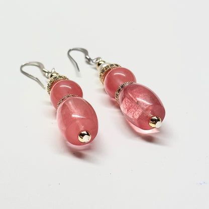 E24 西瓜石 淡水珍珠 18K鍍金 古典粉 耳環 Watermelon Quartz Pearl Classic Golden Accessories Earring