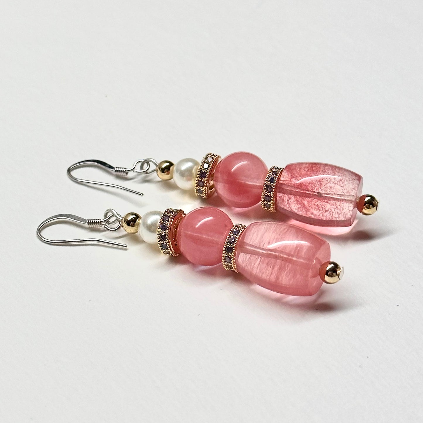 E24 西瓜石 淡水珍珠 18K鍍金 古典粉 耳環 Watermelon Quartz Pearl Classic Golden Accessories Earring