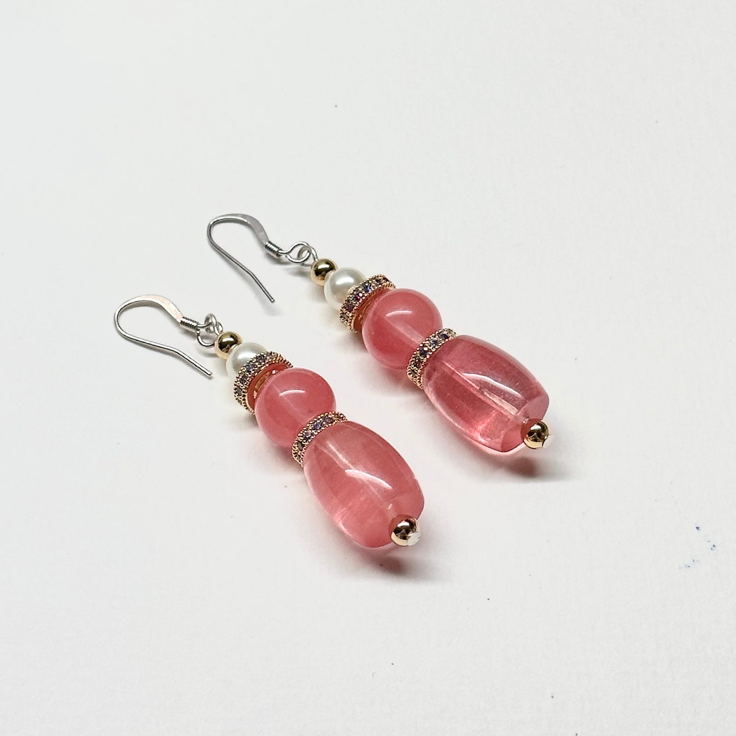 E24 西瓜石 淡水珍珠 18K鍍金 古典粉 耳環 Watermelon Quartz Pearl Classic Golden Accessories Earring