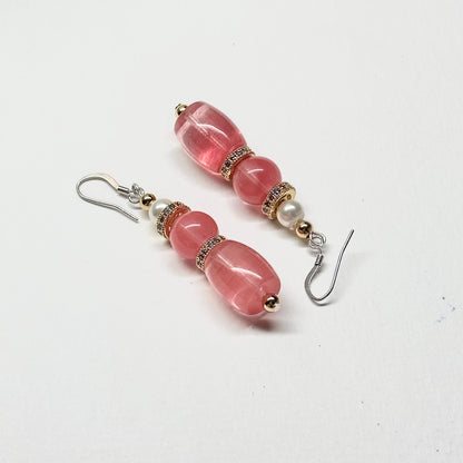 E24 西瓜石 淡水珍珠 18K鍍金 古典粉 耳環 Watermelon Quartz Pearl Classic Golden Accessories Earring