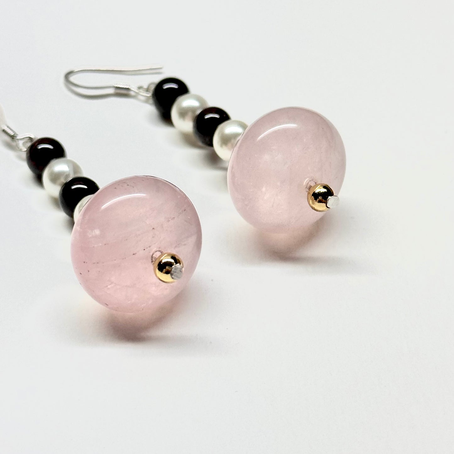 E26 粉晶石榴石珍珠金飾耳環 Rose Quartz Garnet Pearl Golden Accessories Earring