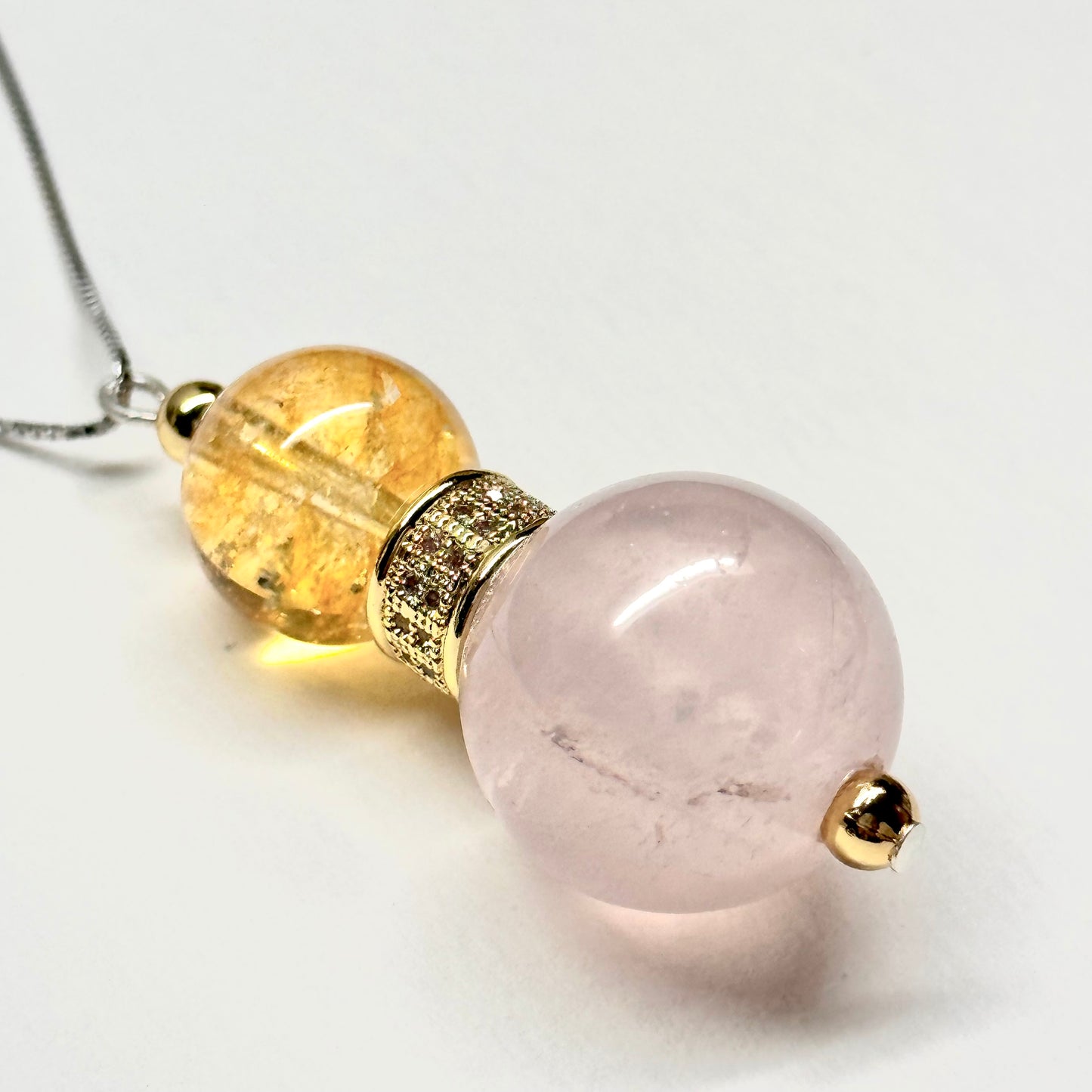 N5 【流星趕月】黃水晶 粉晶 18K鍍金 古典門窗花紋 925純銀 頸鏈 Citrine Rose Quartz Classic Golden Accessories Necklace