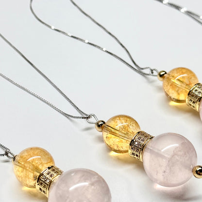 N5 【流星趕月】黃水晶 粉晶 18K鍍金 古典門窗花紋 925純銀 頸鏈 Citrine Rose Quartz Classic Golden Accessories Necklace