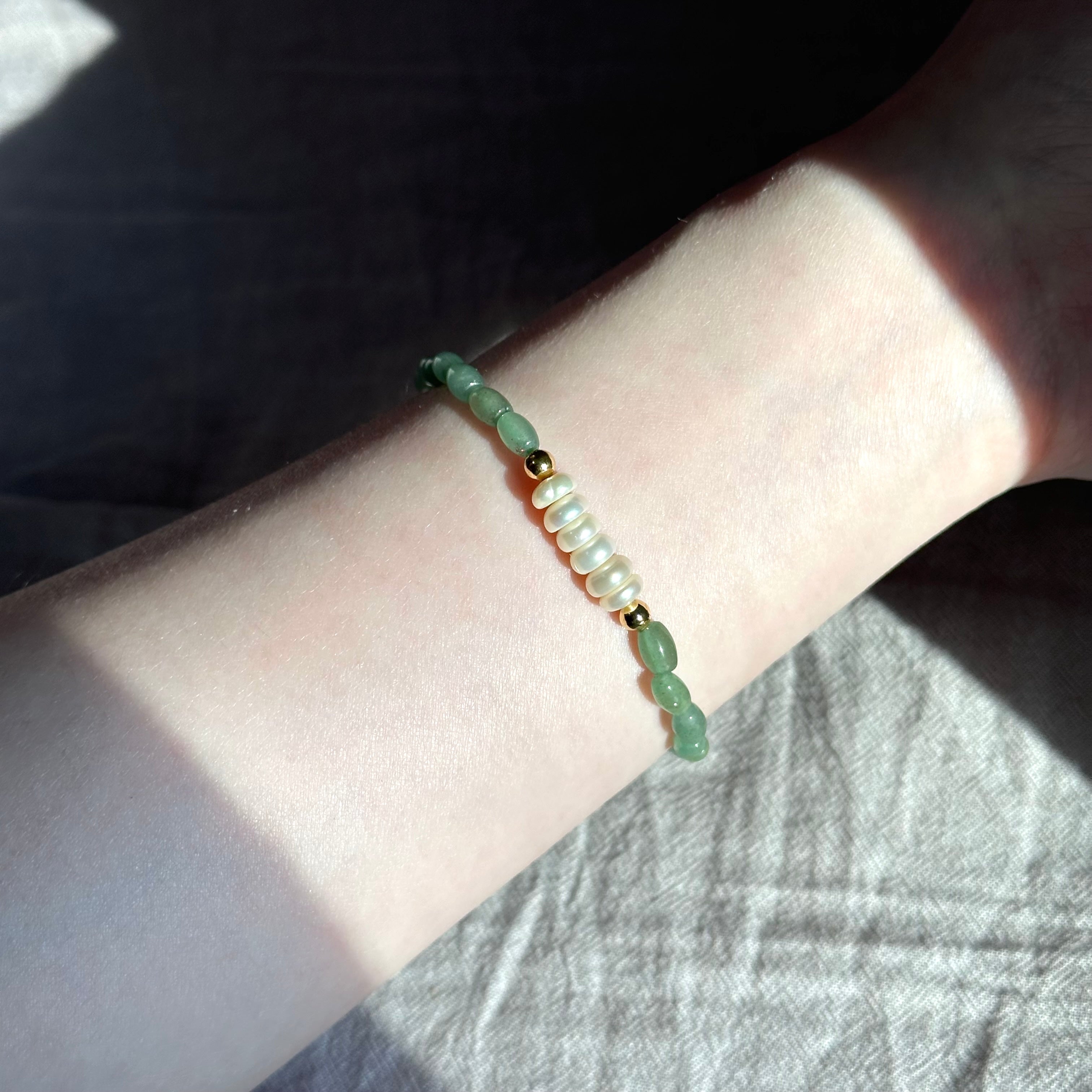 BS269 [Taurus Gemini | May] Oval Green Aventurine Freshwater Pearl 18K Simple Gold-plated Light Bracelet